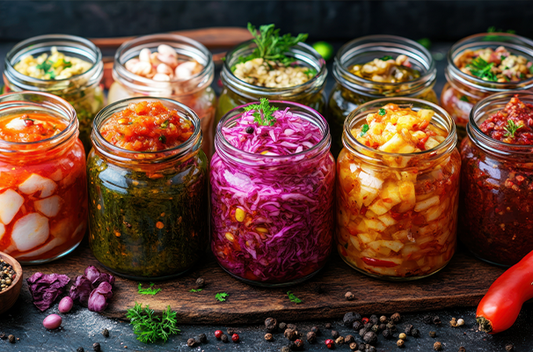 Jars of colorful pickled vegetables arranged on a wooden surface.