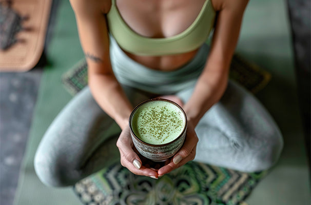 Person holding a green drink while sitting on a yoga mat.