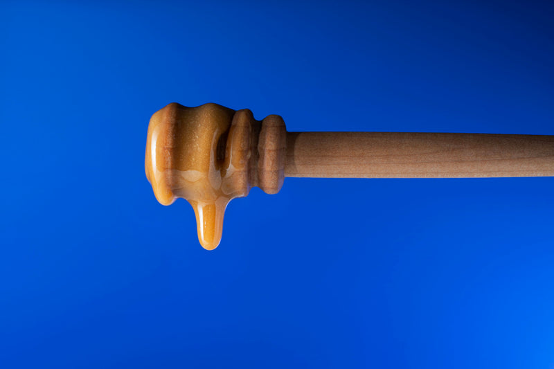 Honey dripping from a wooden honey dipper against a blue background.
