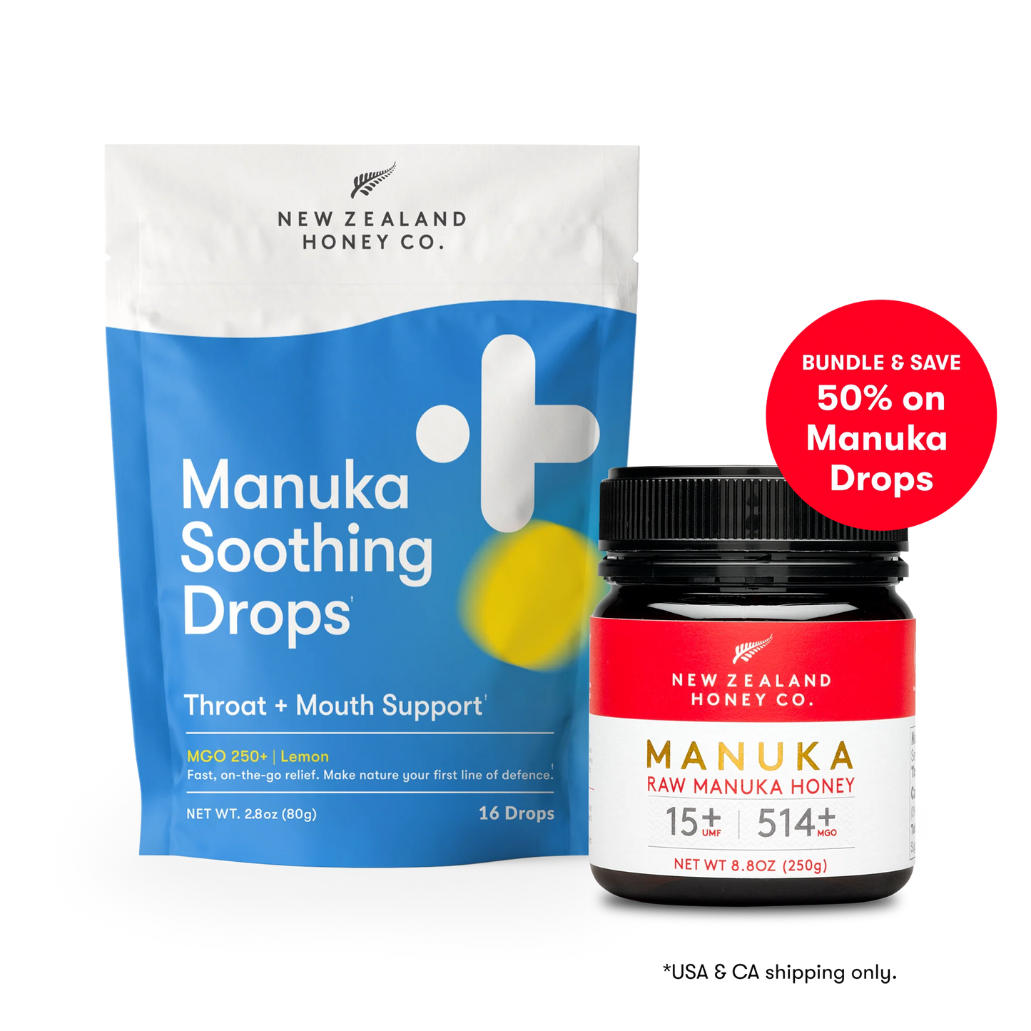 Bundle promo — New Zealand Honey Co. Manuka Soothing Drops pouch next to Manuka Honey UMF™ 15+ MGO 514+ jar, 50% off on Manuka Drops