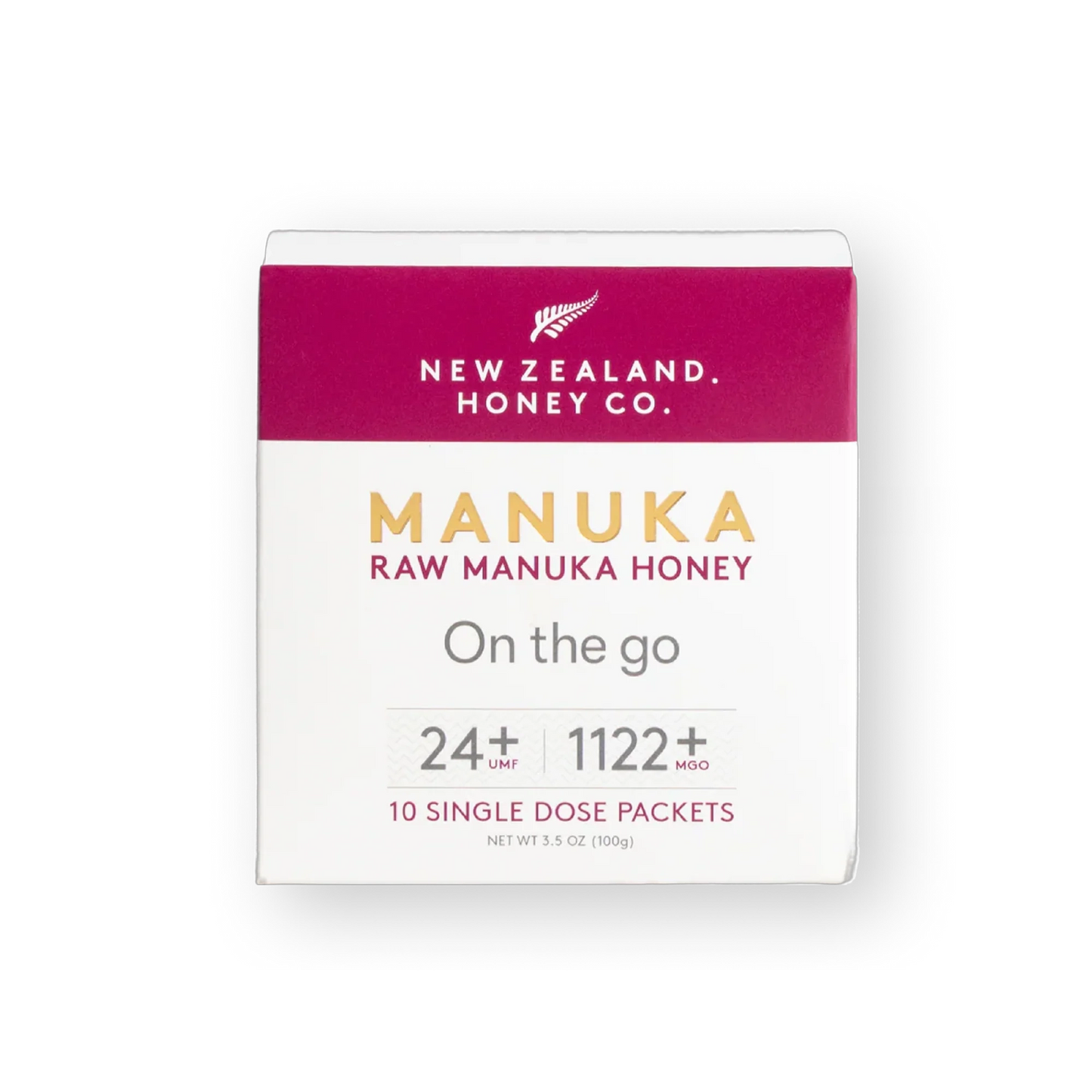Front-on view of the New Zealand Honey Co. Manuka Honey UMF™ 24+ MGO 1122+ On the go box with 10 single-dose packets, 100g (3.5oz)