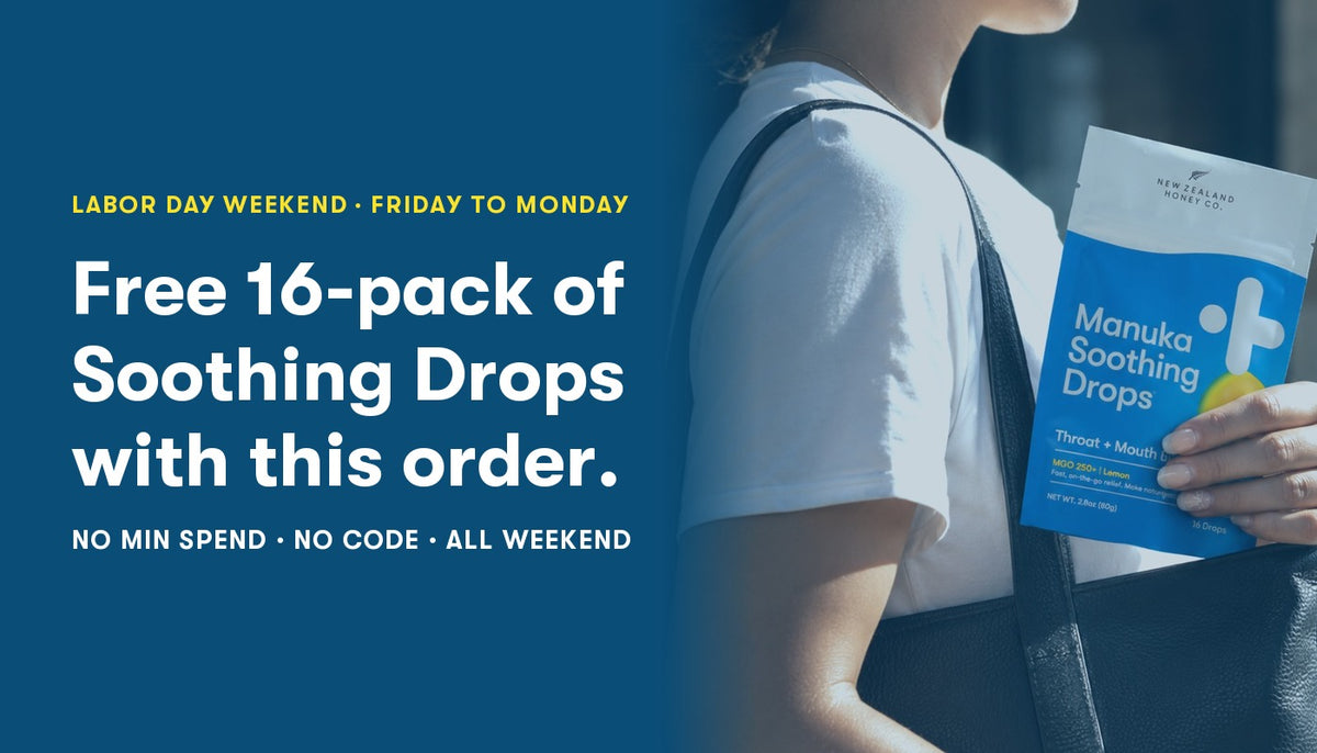 Labor Day weekend: free 16-pack of Manuka Soothing Drops with this order. No code.
