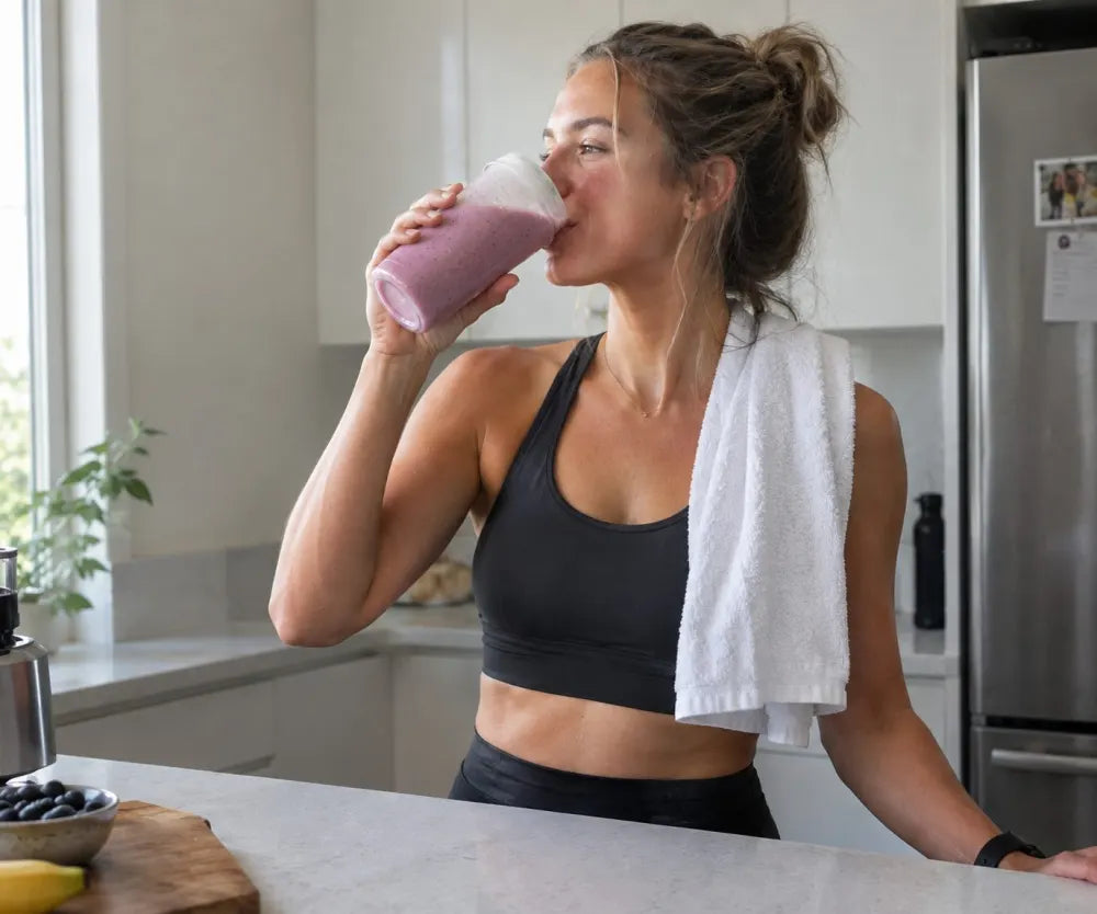 Woman drinking a berry smoothie in her kitchen after a workout