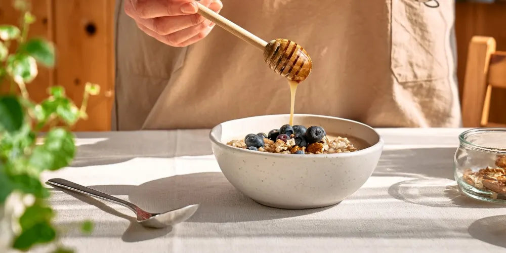 Honey drizzled from a dipper over a bowl of oats with blueberries