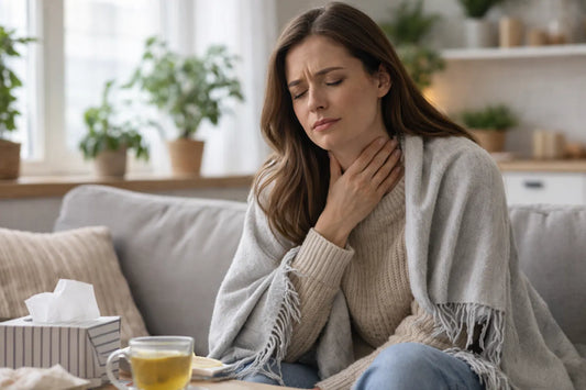 Woman experiencing throat discomfort, sitting on couch wrapped in blanket with tea nearby.