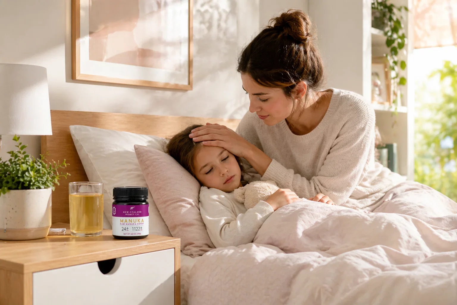 Mother caring for sick child in bed with manuka honey and water on nightstand in bright, warm bedroom.