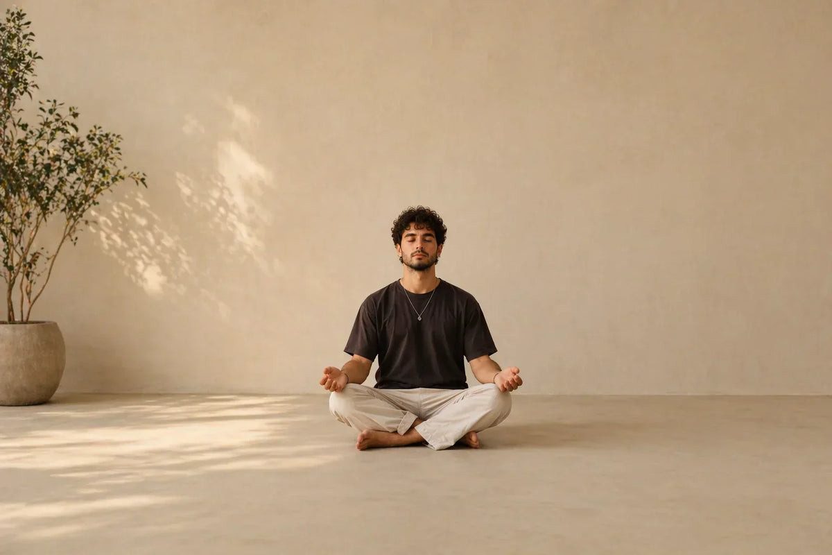 Man in meditation pose on light floor with neutral beige walls and potted plant