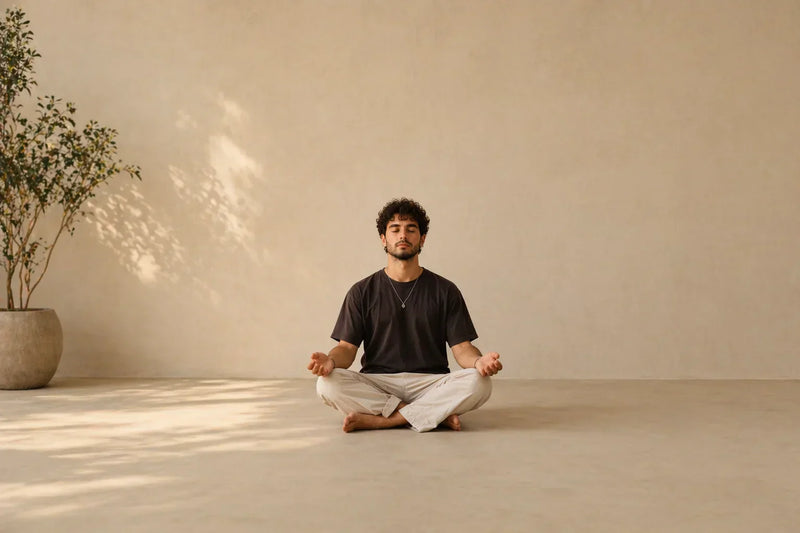 Man in meditation pose on light floor with neutral beige walls and potted plant