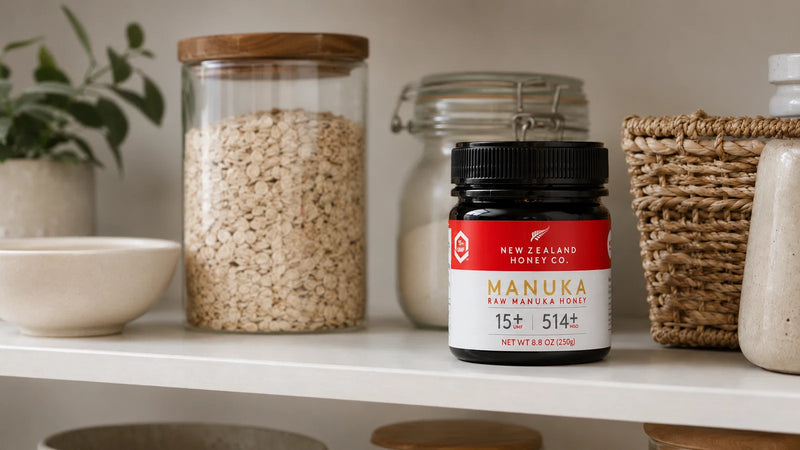 New Zealand Manuka honey jar displayed on a shelf with oats, baskets, and kitchen items