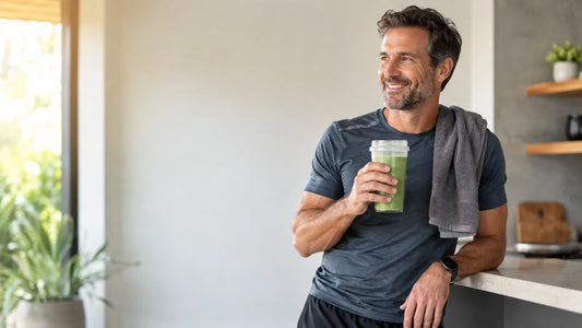 Smiling middle-aged man in dark t-shirt holding green juice drink in modern kitchen