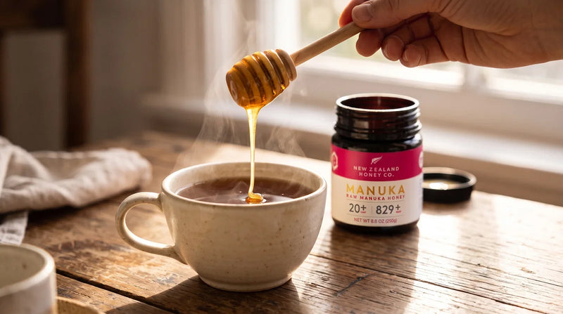 Honey drizzles from a wooden dipper into a steaming cup of tea beside a Manuka honey jar.