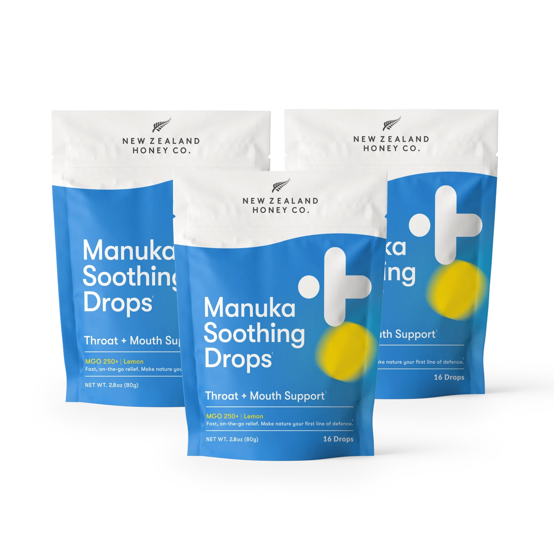 Three New Zealand Honey Co. Manuka Soothing Drops pouches stacked together for the multipack offer