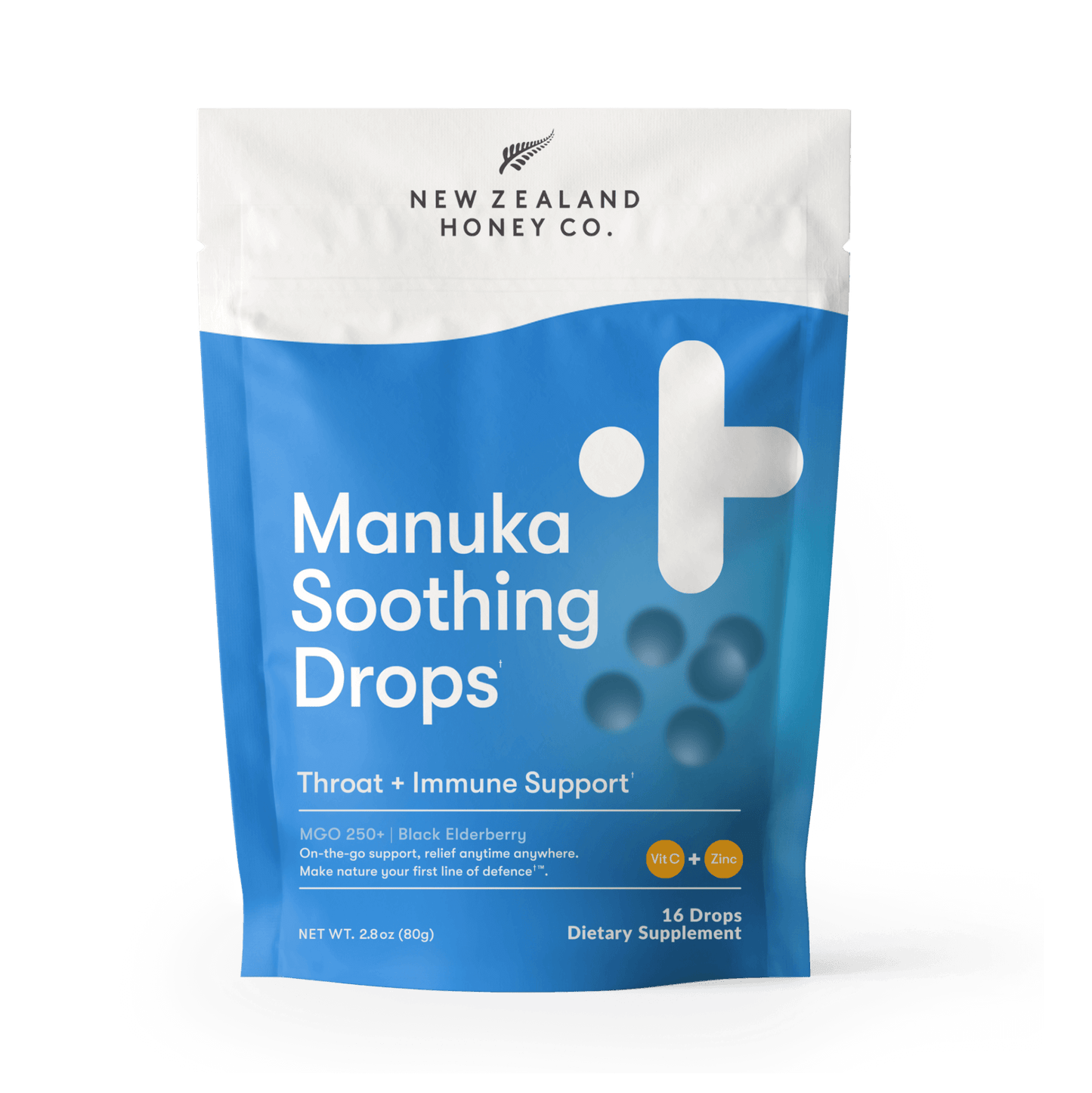 New Zealand Honey Co. Manuka Soothing Drops with Elderberry, Zinc & Vitamin C, MGO 250+ — 16-drop pouch, 80g (2.8oz)