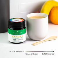 New Zealand Honey Co. Manuka Honey UMF™ 28+ MGO 1450+ jar next to a white coffee mug and fresh fruit with a bamboo spoon — taste profile from Clean & Sweet to Bold & Intense