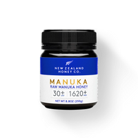 Jar of New Zealand Honey Co. Manuka Honey UMF™ 30+ MGO 1620+ with navy label, 250g (8.8oz)