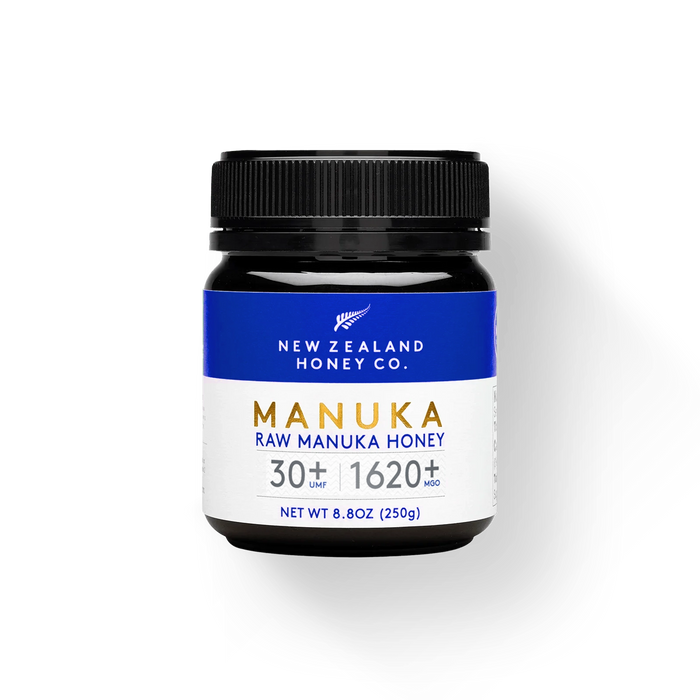 Jar of New Zealand Honey Co. Manuka Honey UMF™ 30+ MGO 1620+ with navy label, 250g (8.8oz)