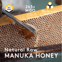 Close-up of honeycomb with UMF™ 10+ MGO 263+ Unique Manuka Factor overlay graphic — Natural Raw Manuka Honey
