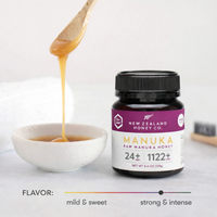 New Zealand Honey Co. Manuka Honey Mini jar UMF™ 24+ MGO 1122+ (purple label) with honey in a white bowl and bamboo spoon, flavor profile illustration