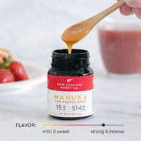 New Zealand Honey Co. Manuka Honey Mini jar UMF™ 15+ MGO 514+ (red label) with a spoon of honey drizzling, flavor scale showing mild & sweet to strong & intense