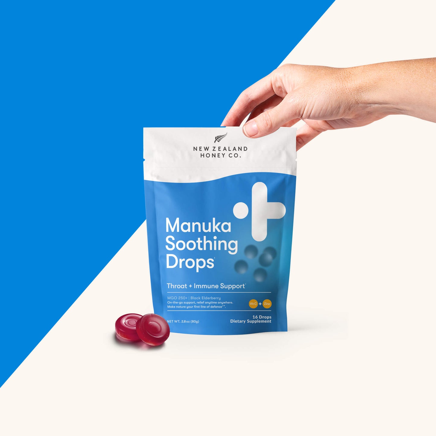 New Zealand Honey Co. Manuka Soothing Drops, Black Elderberry, MGO 250+ — throat and immune support ingredient detail