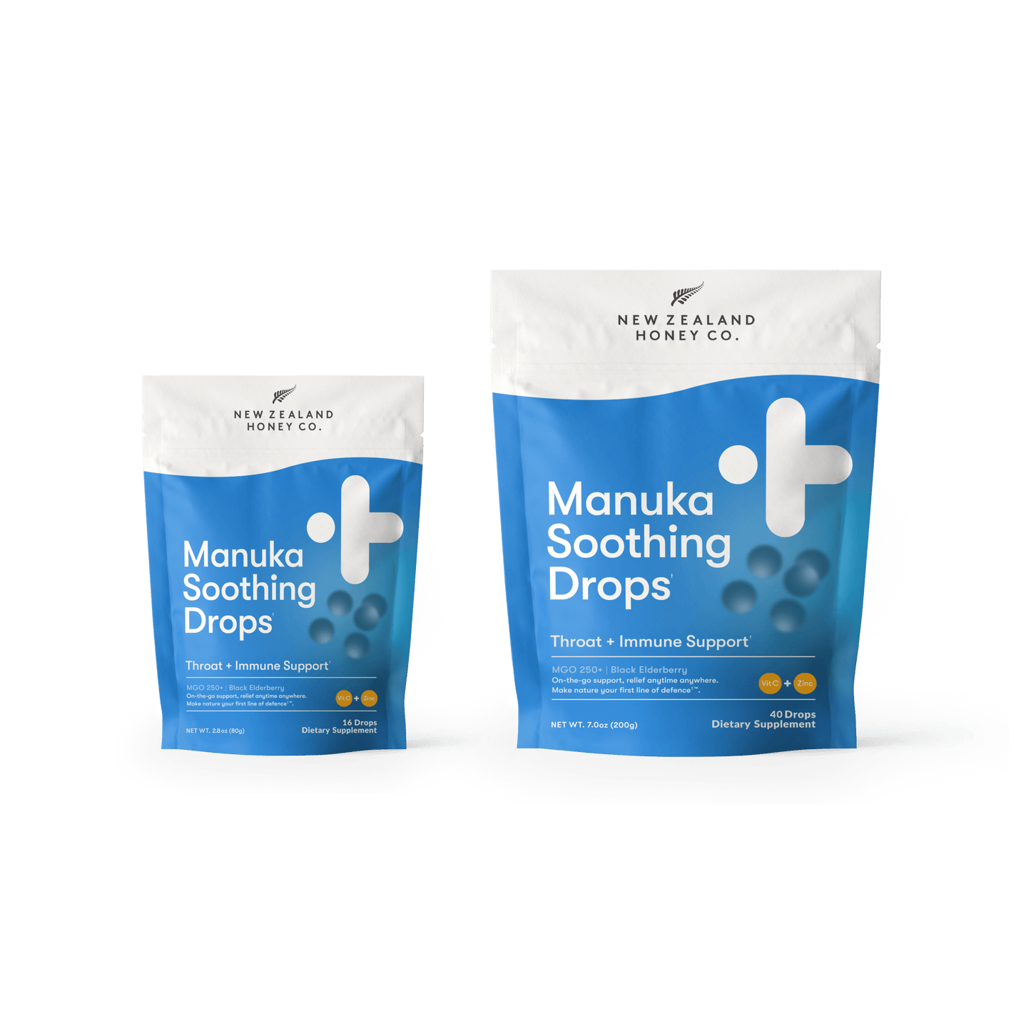 Two sizes of New Zealand Honey Co. Manuka Soothing Drops Black Elderberry pouches — 16-drop 80g (2.8oz) and 40-drop 200g (7.0oz), MGO 250+