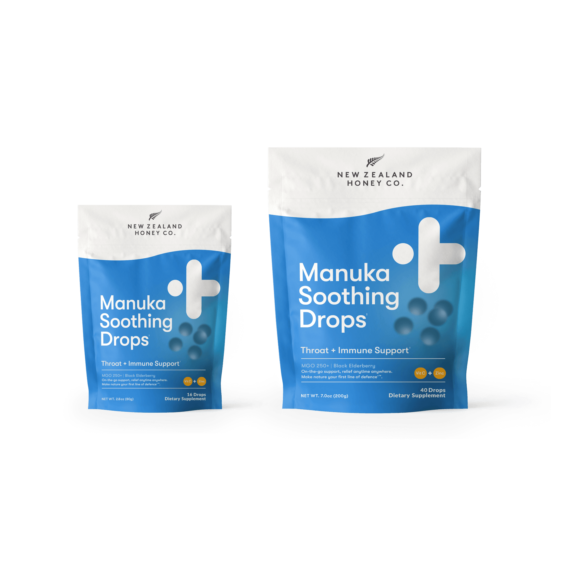 Two sizes of New Zealand Honey Co. Manuka Soothing Drops Black Elderberry pouches — 16-drop 80g (2.8oz) and 40-drop 200g (7.0oz), MGO 250+