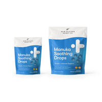Two sizes of New Zealand Honey Co. Manuka Soothing Drops Black Elderberry pouches — 16-drop 80g (2.8oz) and 40-drop 200g (7.0oz), MGO 250+