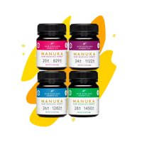 New Zealand Honey Co. Manuka Honey Minis set — four 125g jars in MGO 829+, 1122+, 1282+ and 1450+