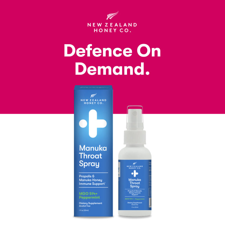 New Zealand Honey Co. Manuka Throat Spray with pink background and text.

