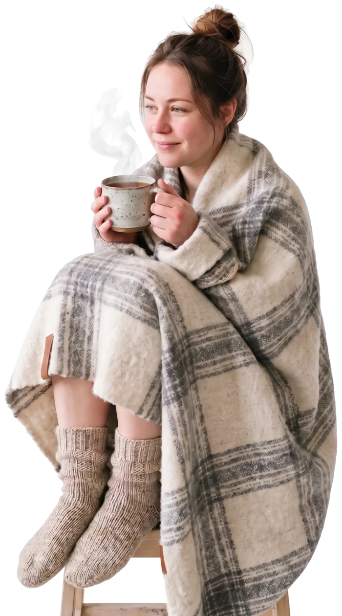 A woman wrapped in a warm blanket with a mug of tea