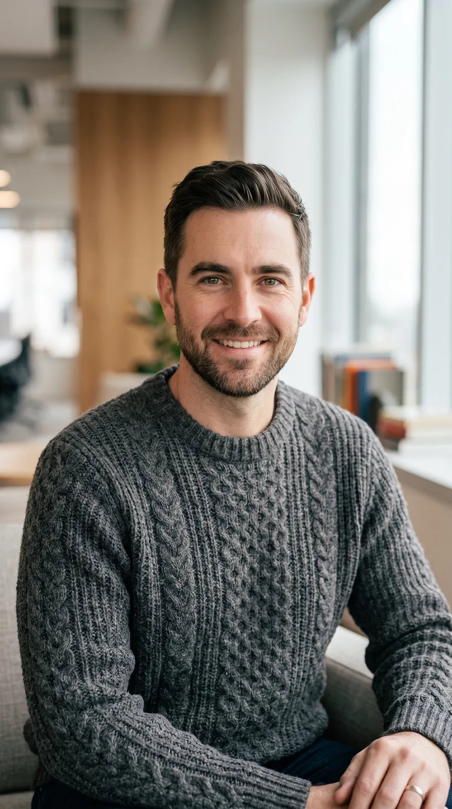 Smiling customer in a grey knit sweater