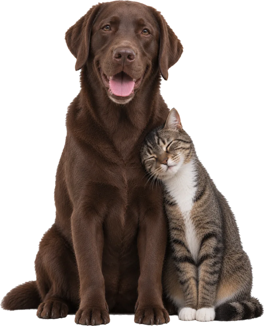 Chocolate Labrador sitting beside a tabby cat