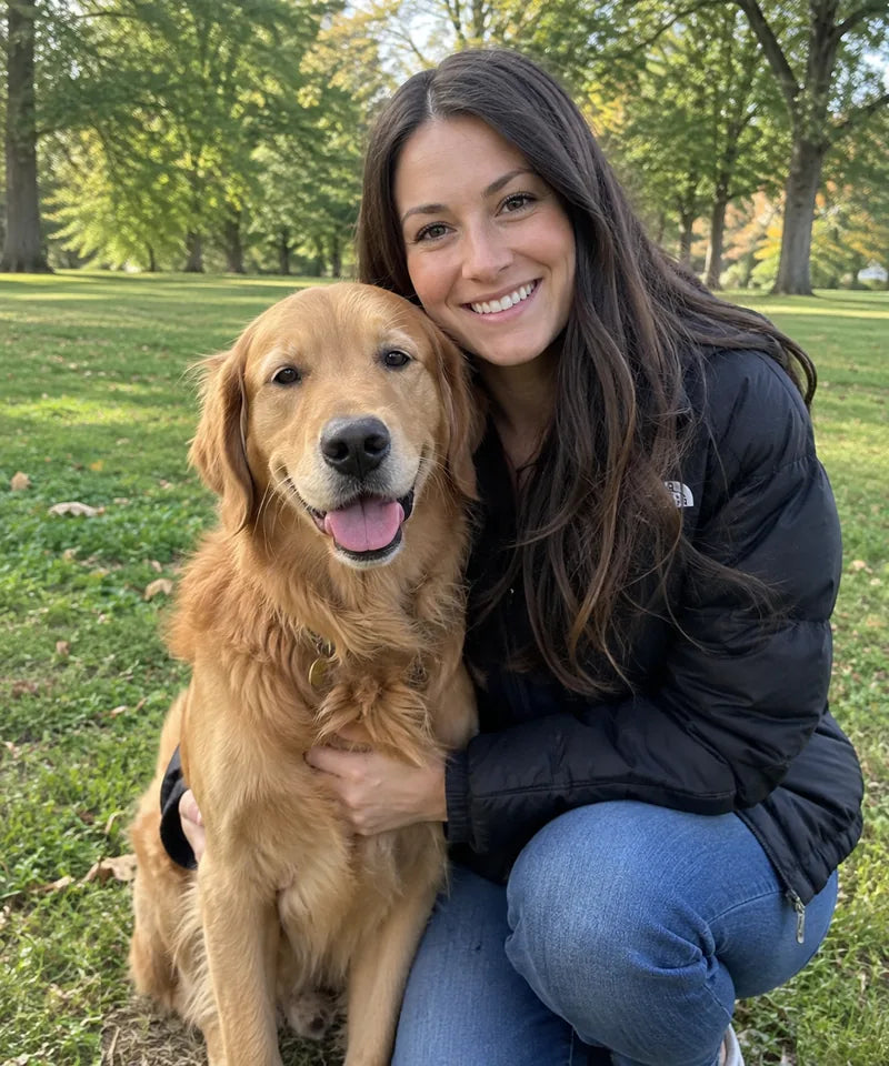 Customer crouching in a park with her golden retriever