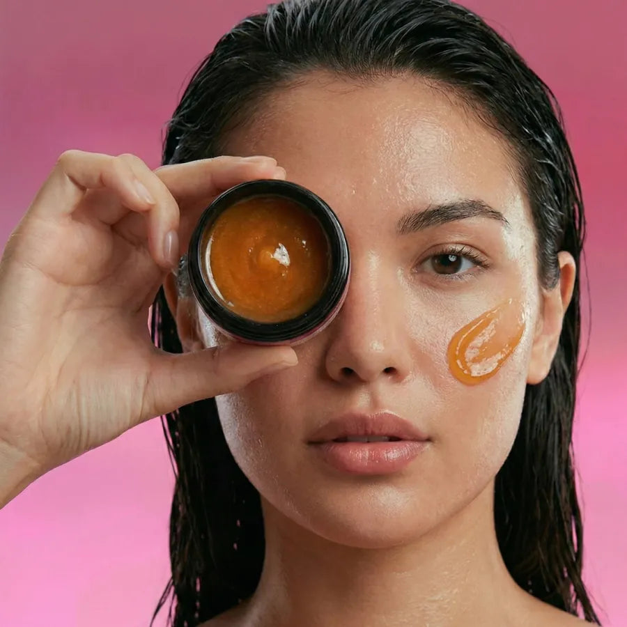 Woman holding an open jar of Manuka honey, with honey on her cheek
