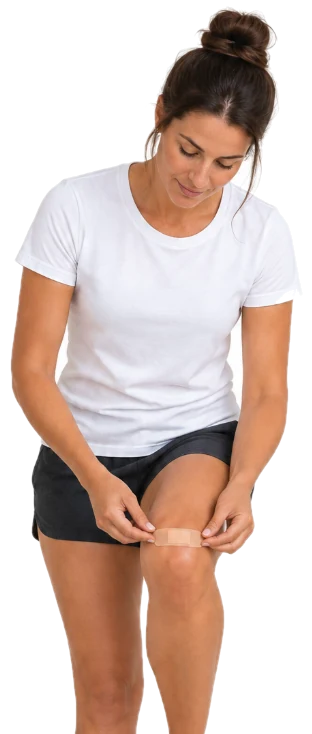 Woman putting a plaster on her knee