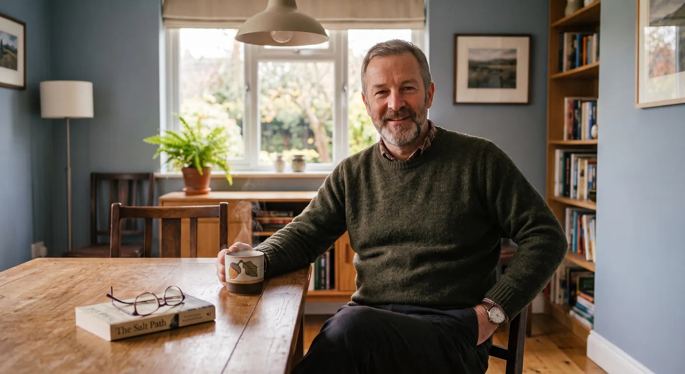 Customer smiling, seated at a kitchen table with a mug